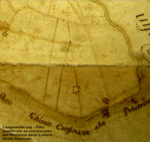 La chiesa di Polverina nella mappa topografica del Catasto Salimbeni n. 5 (1774) - Colpolina. Pubblicata su concessione dell'Archivio di Stato di Macerata (ASMC), sezione di Camerino - Ministero della Cultura - Diritti Riservati