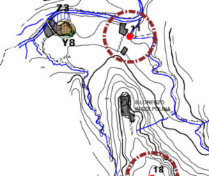 Le aree di valore storico della frazione di Polverina (in ato a sinistra) e dell'adiacente località Camponello (in alto a destra) indicate nella locale mappa del PRG di Fiastra del 2004, approvato a luglio 2007. In alto: in alto a sinistra Polverina, a destra Camponello