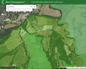 In questa carta oltre al tratteggio obbliquo delle aree con vincolo paesaggistico in funzione del Piano paesaggistico (PPAR; 1989), sono segnalate in verde scuro le aree protette (essendo parte del Parco dei sibillini), che quindi circonda l'area di Camponello (che fino al 2001 vi era inclusa) 