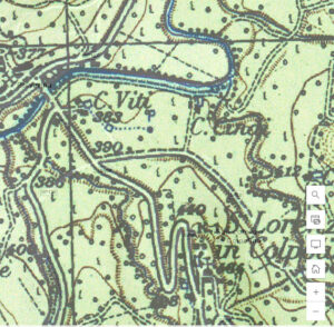 Cartografia igm-storica-1955 della Frazione di Polverina (a sinistra) e relativa località di Camponello (a destra) - Comune di Fiastra- “Cartografia copyright IGMI - licenza d'uso concessa a Regione Marche”